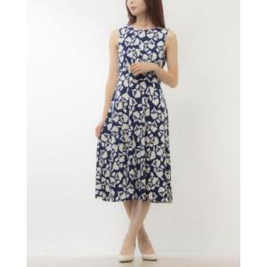 ロンドンタイムス LONDON TIMES ☆フラワー柄ジャージ素材ノースリーブフレアスカートワンピース （ネイビーxアイボリー）