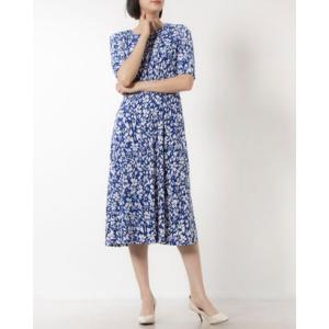 ロンドンタイムス LONDON TIMES ☆フラワー柄ジャージ素材五分袖フレアスカートワンピース （ブルーxホワイト）