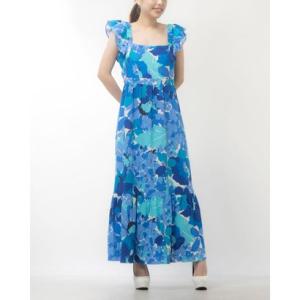 ロンドンタイムス LONDON TIMES リネンブレンド フローラルプリント ラッフルスリーブ マキシワンピース （ブルー）