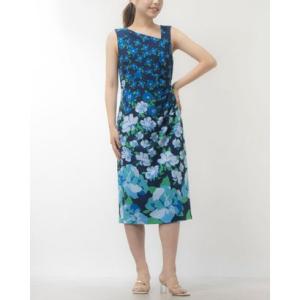ロンドンタイムス LONDON TIMES アシンメトリックネックライン フローラルプリーテッドワンピース （ブルー）