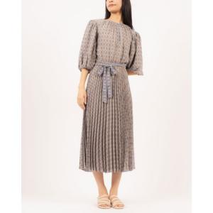 マックススタジオ MAX STUDIO ☆$188 ジオメトリックフラワー柄シフォン素材バルーン袖プリーツフレアスカートワンピース （ライトブルーマル