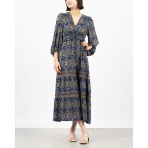 マックススタジオ MAX STUDIO ☆$178 エスニック柄シフォン素材バルーン袖フレアスカートワンピース （ブルーxイエローマルチ）
