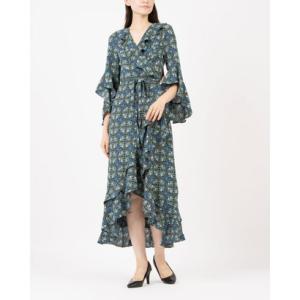 マックススタジオ MAX STUDIO ☆$138 フラワー柄シフォン素材ベル袖ラップワンピース （ティールグリーンマルチ）