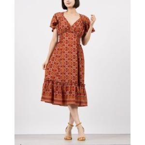 マックススタジオ MAX STUDIO ☆$138 フラワー柄シフォン素材フレア袖Vネックフレアスカートワンピース （オレンジマルチ）