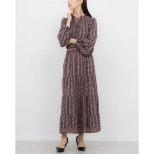 マックススタジオ MAX STUDIO ☆フローラルストライプ柄シフォン素材バルーン袖ロングワンピース （チョコレートxボルドー）