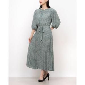 マックススタジオ MAX STUDIO ☆$188 ジオメトリックフラワー柄シフォン素材バルーン袖プリーツフレアスカートワンピース （ミントグリーンマ