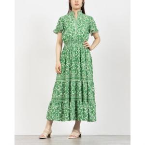 マックススタジオ MAX STUDIO ☆$178 フラワー柄シフォン素材フレア袖スタンドカラーマキシワンピース （グリーンxホワイト）