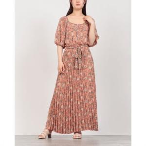 マックススタジオ MAX STUDIO ☆$188 フラワー柄シフォン素材パフスリーブプリーツフレアスカートワンピース （ピンク）