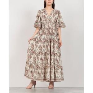 マックススタジオ MAX STUDIO ☆$178 フラワー柄シフォン素材フレア袖マキシワンピース （アイボリーマルチ）