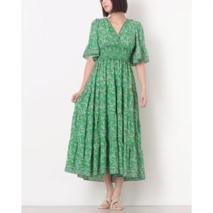 マックススタジオ MAX STUDIO ☆$178 フラワー柄シフォン素材フレア袖マキシワンピース （グリーンマルチ）