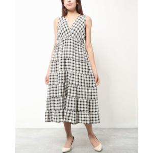 マックススタジオ MAX STUDIO ブラック＆ホワイト チェック ティアードワンピース （ホワイト）