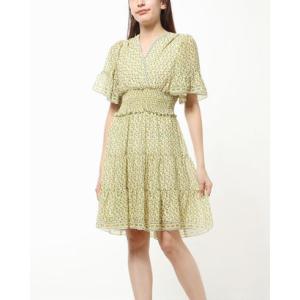 マックススタジオ MAX STUDIO ★定価138ドル♪フレッシュなレモン柄♪ラッフル袖カシュクールティアードワンピース （イエロー）