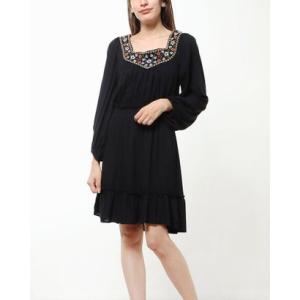 マックススタジオ MAX STUDIO ★定価138ドル♪ボヘミアン風♪スクエアネックふんわり長袖ブラックカジュアルワンピース （ブラック）