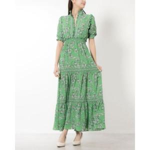 マックススタジオ MAX STUDIO ☆フラワー柄シフォン素材五分袖フレアスカートマキシワンピース （グリーン）