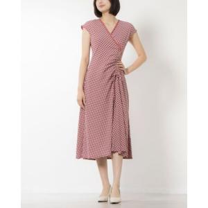 マックススタジオ MAX STUDIO ☆$128 小花柄ジャージ素材カシュクールシャーリングリボンフレアスカートワンピース （レッドxネイビー）