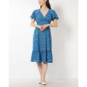 マックススタジオ MAX STUDIO ☆$138 フラワー柄シフォン素材フレア袖Vネックフレアスカートワンピース （ブルーマルチ）