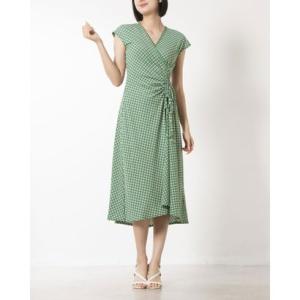 マックススタジオ MAX STUDIO ☆$138 小花柄ジャージ素材カシュクールシャーリングリボンフレアスカートワンピース （グリーンマルチ）