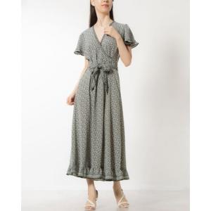 マックススタジオ MAX STUDIO ☆$168 フラワー柄シフォン素材フレア袖カシュクールトップxフレアスカートマキシワンピース （ブラックxホワ