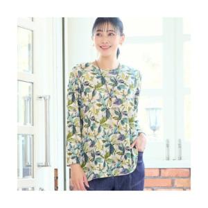 ミゼール missel 【洗える・日本製・L?3Lサイズ】テレコニットリーフ柄カットソー （グリーン...