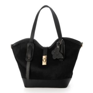 モードフルーレ MODE FOURRURE イタリアンカーフフロントベルト馬毛トートバッグ （ブラック）