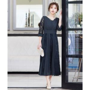 ニアナ niana プリーツ×レース 7分袖ドレス 結婚式ワンピース （アッシュネイビー）