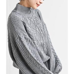 アールピーエス rps パール付きハイネックケーブルニットプルオーバー （杢グレー）