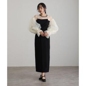 プールヴー PourVous ミモレ丈&袖ありフォーマルフラワービスチェ異素材ミックスドレープチュールスリーブセレモニー結婚式二次会パーティードレスオ