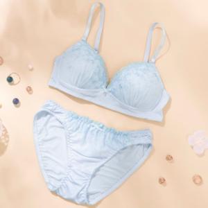 パリーゼ Palissee リボン刺しゅうノンワイヤーブラ＆ショーツ【返品不可商品】 （サックス）