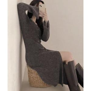 プライベートビーチ privatebeach Vネックニットロングワンピース （ダークグレー）