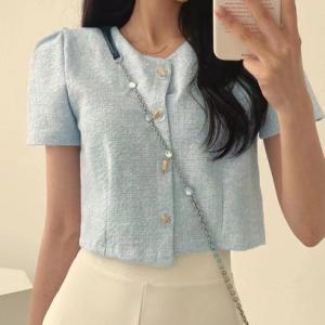 プライベートビーチ privatebeach ファンシーツイード風ノーカラー半袖ジャケット （ライトブルー）