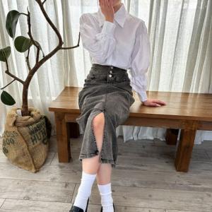 プライベートビーチ privatebeach 3釦ハイウエストデニムナロータイトスカート （グレー）