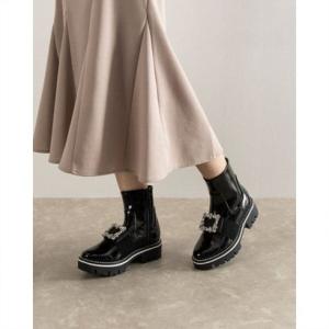 ルームナイン ROOM9 スクエア ビジュー サイドジップ ショートブーツ レディース （ブラック）