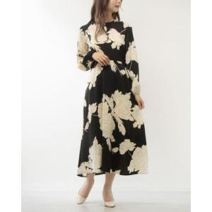 ローマン ROMAN 新作！絶対欲しいスタイリッシュ大人お洒落なフェミニンゴージャス大振りお花柄フレアワンピース♪ （ブラック）