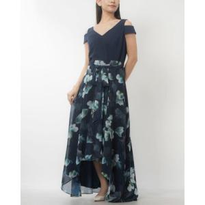 ローマン ROMAN ★ゴージャス大人優雅な異素材フレアアシメトリーふんわりシックな大振りお洒落お花ドレス♪ （ネイビー）