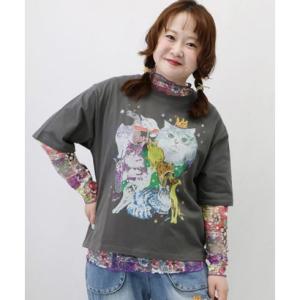 スカラー ScoLar ネコ・花・ドット3柄展開 チュールレースインナーロングスリーブTシャツ （グレー）｜locondo-shopping