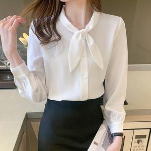 ショッピングゴー shoppinggo シャツ レディース リボン付きシャツ ビジネス 白ブラウス オフィス カジュアル トップス レース切替え 長袖