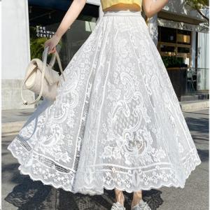 ショッピングゴー shoppinggo レース スカート レディース かわいい Aライン マキシ丈 フレアスカート ロング 白い花柄 刺スカート ひざ