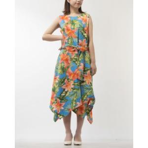 シェルビー アンド パルマー Shelby & Palmer ハイビスカスとパームプリントノースリーブフレアワンピース （ブルー）