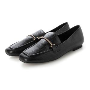 トミエコ Tomieco スクエアモカシンフラットシューズ ゴールド細ビット フワフワ中敷も魅力 （BLACK/型押）