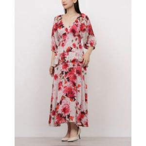 テイラー Taylor ☆千鳥格子xフラワーミックス柄シフォン素材マキシワンピース （レッドマルチ）