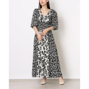 テイラー Taylor ☆フラワー柄パフスリーブ前後Vネック背中リボンマキシワンピース （ブラックxホワイト）