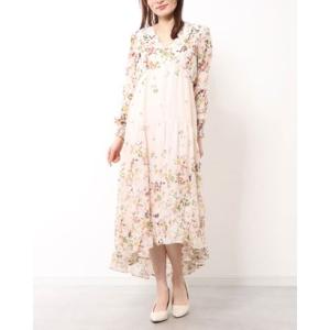 テイラー Taylor ★ロマンティックな小花プリント♪ソフトなシフォンのラッフル使いが大人可愛い♪ミモレ丈ワンピース （ホワイト）