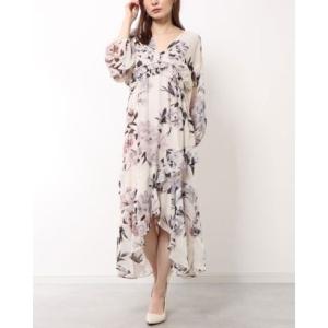 テイラー Taylor ★着映えるハイ＆ローヘム♪優しげソフトなフローラル柄♪Vネックラッフルワンピース （ベージュ）