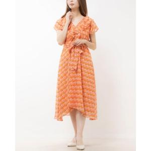 テイラー Taylor ☆キラキラオレンジフラワー柄シフォン素材フリルVネックフリル袖フレアスカートワンピース （オレンジマルチ）