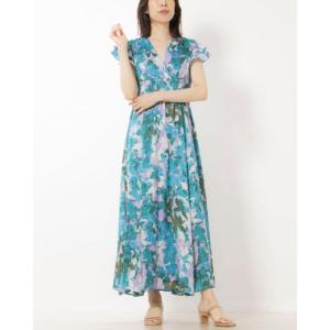 テイラー Taylor ☆フラワー柄シフォン素材フリル袖カシュクールトップロングフレアスカートワンピース （ラベンダーxティールマルチ）