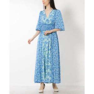 テイラー Taylor Vネック フローラルプリント ロング丈ワンピース （ブルー）