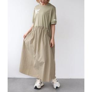 スリーフォータイム Three Four Time 布帛切替ハーフスリーブロゴワンピース （ベージュ）