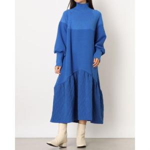 スリーフォータイム Three Four Time 膨れジャガード柄MIXニットワンピース （ブルー）