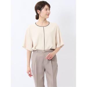 バイカラー 半袖プルオーバーブラウス （ベージュ） 半袖 レディース シャツ カットソー トップス ...