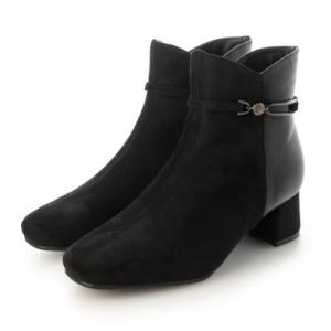 アンペティット unpetit スクエアヒール バックルベルト ショートブーツ レディース ローヒール （ブラックスエードブラックスムース）